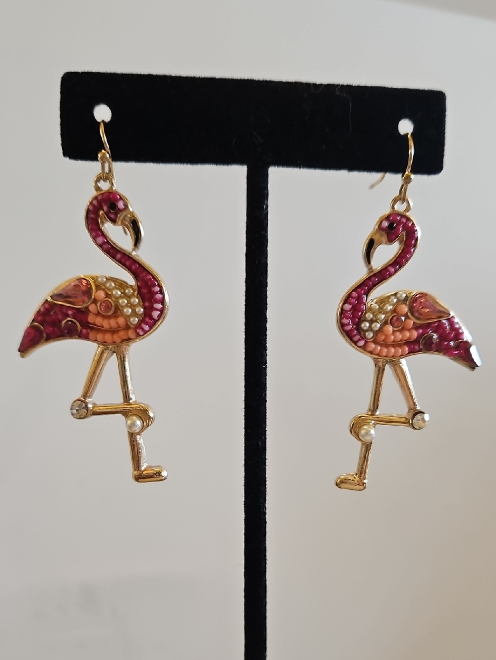 Pink Flamingo Drop Earrings with Rhinestone and Faux Pearl Accents - Picture 2 of 5